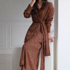 Long-sleeve Printed Midi Collared Dress