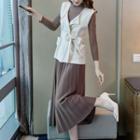 Set: Long-sleeve Mock Neck T-shirt + Midi A-line Pleated Skirt + Sashed Vest