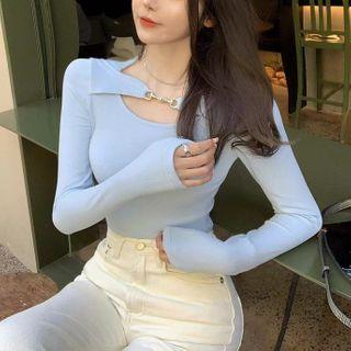 Long-sleeve Plain Cutout Slim-fit Top