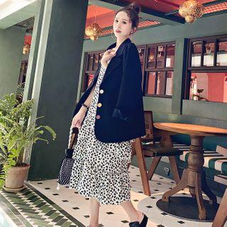 Plain Blazer / Sleeveless Floral Print Midi A-line Dress