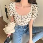 Square-neck Flower Print T-shirt As Figure - One Size