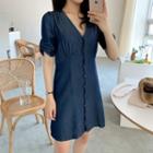 V-neck Buttoned Short-sleeve A-line Dress