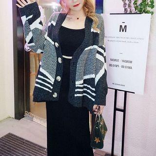 Patterned Cardigan / Side-slit Midi Knit Skirt / Set