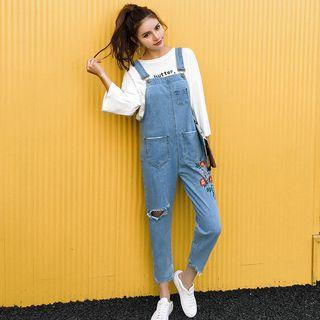 Ripped Floral Embroidery Denim Jumper Pants