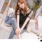 Mesh Overlay Frilled Short-sleeve Top