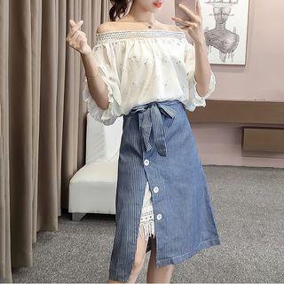 Set: Sequined Elbow-sleeve Top + High Waist Striped A-line Skirt