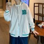 Number Embroidered Corduroy Trim Baseball Jacket