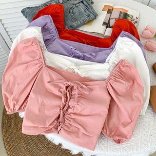 Square-neck Lace-up Crop Top In 7 Colors