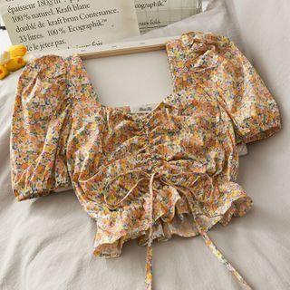 Floral Square-neck Drawstring Crop Blouse