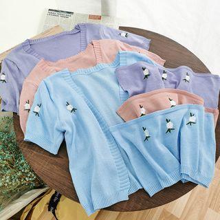 Set: Floral Embroidered Knit Top + Short-sleeve Open-front Cardigan