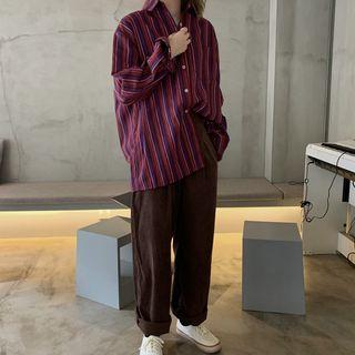 Long-sleeve Striped Shirt / High-waist Plain Corduroy Wide-leg Pants