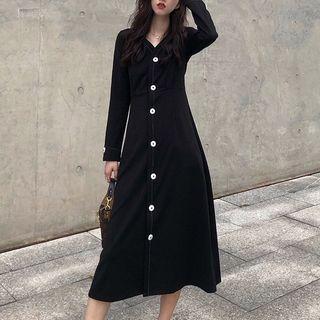 Long-sleeve V-neck Midi A-line Shirtdress
