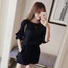 Set: Crew-neck Elbow-sleeve Top + High Waist Shorts