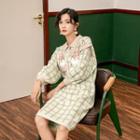 Rabbit Print Polo-neck Midi A-line Knit Dress Pink & Green - One Size