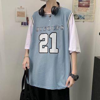 Short-sleeve Mock Two-piece Number Print T-shirt