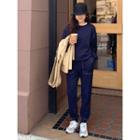 Set: Round-neck Stitched Pullover + Band-waist Pants
