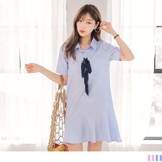 Short Sleeve Print Bow Accent Striped A-line Dress
