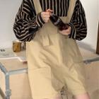 Long-sleeve Striped Shirt / Wide-leg Dungaree Shorts