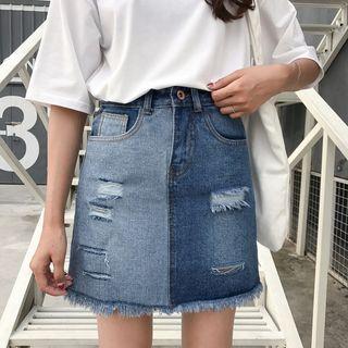 Color Panel Distressed Denim Skirt