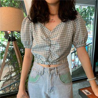 V-neck Puff-sleeve Check Blouse