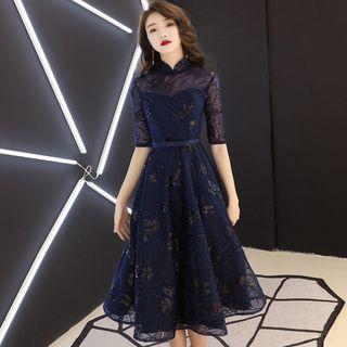 Sequined Elbow-sleeve Midi A-line Dress