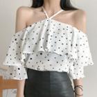 Off-shoulder Dotted Elbow-sleeve Top