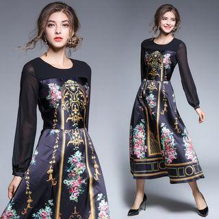 Sheer Sleeve Print Panel A-line Dress