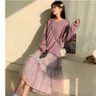 Back-slit Oversize Long-sleeve T-shirt / Flower Print Midi A-line Skirt