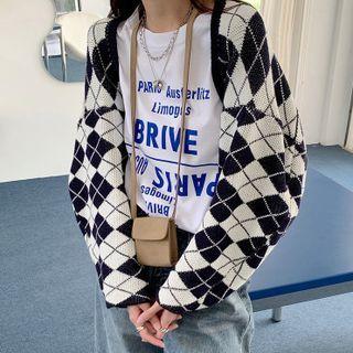 Open-front Argyle Cardigan Navy Blue - One Size