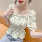 Puff-sleeve Floral Embroidered Ruched Chiffon Top