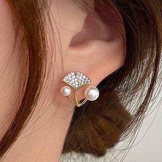 Leaf Rhinestone Faux Pearl Alloy Earring 1 Pair - White Faux Pearl - Gold - One Size