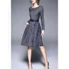 Round-neck Striped A-line Dress With Belt