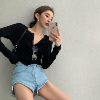 Long-sleeve Henley T-shirt / Denim Shorts