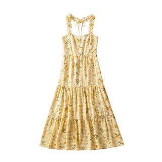 Halter-neck Lemon Print Gingham Midi Sundress