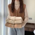 Long-sleeve Turtleneck Mesh Top / Button-up Sweater Vest