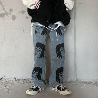 Cartoon Print Wide-leg Jeans