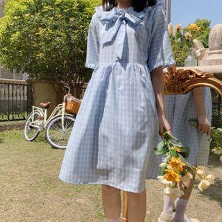 Plaid Short-sleeve A-line Dress Plaid Dress - One Size