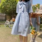Plaid Short-sleeve A-line Dress Plaid Dress - One Size