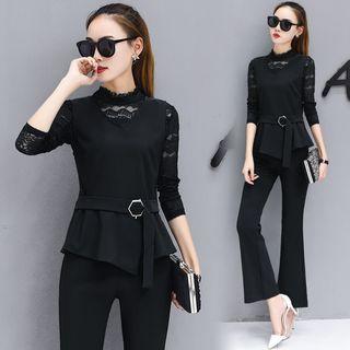 Set: Long-sleeve Lace Top + Sleeveless Top + Boot Cut Pants
