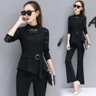 Set: Long-sleeve Lace Top + Sleeveless Top + Boot Cut Pants