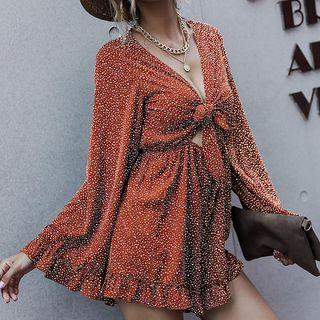 Bell-sleeve Dotted Tie-front Romper