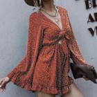Bell-sleeve Dotted Tie-front Romper