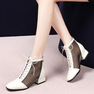 Genuine Leather Fishnet Paneled Low Heel Short Boots