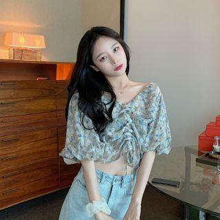 Floral Print Puff-sleeve Cropped Top Blue - One Size