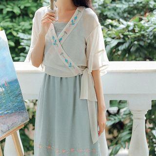 Flower Embroidered Elbow-sleeve Chiffon Blouse