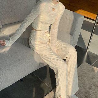 Long-sleeve Heart Cutout Crop Top / Cutout Checker Print Wide Leg Pants