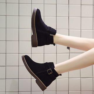 Faux Suede Side Zipper Buckled Ankle Boots