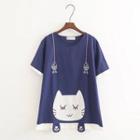 Short-sleeve Cat Print T-shirt Navy Blue - One Size