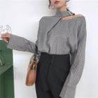 Houndstooth Cut-out Shoulder Blouse Black & White - One Size