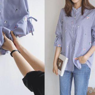 Drawstring-sleeve Flower-embroidered Stripe Shirt